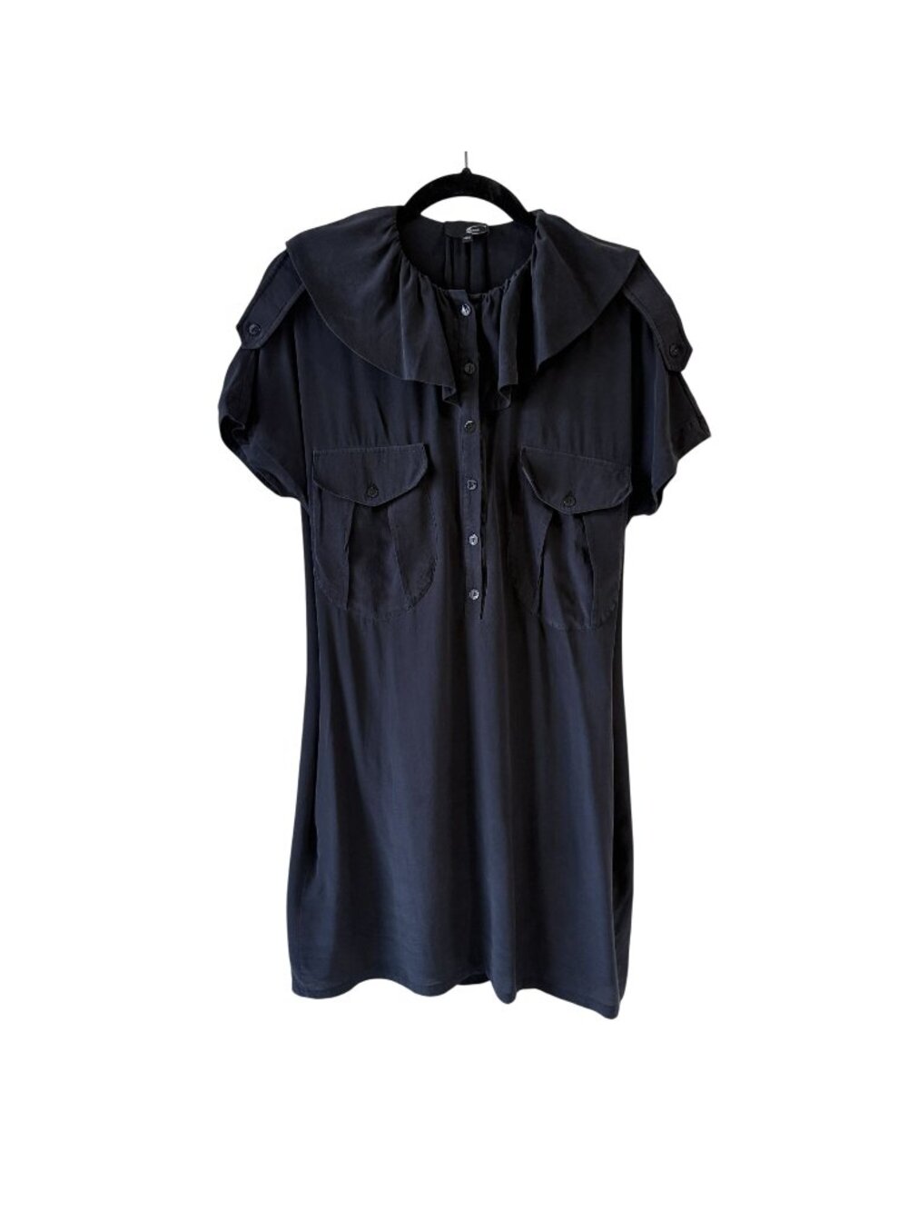 Just Cavalli 40 Black Ruffle Collar Button Down Short Sleeve Silk Mini Dress